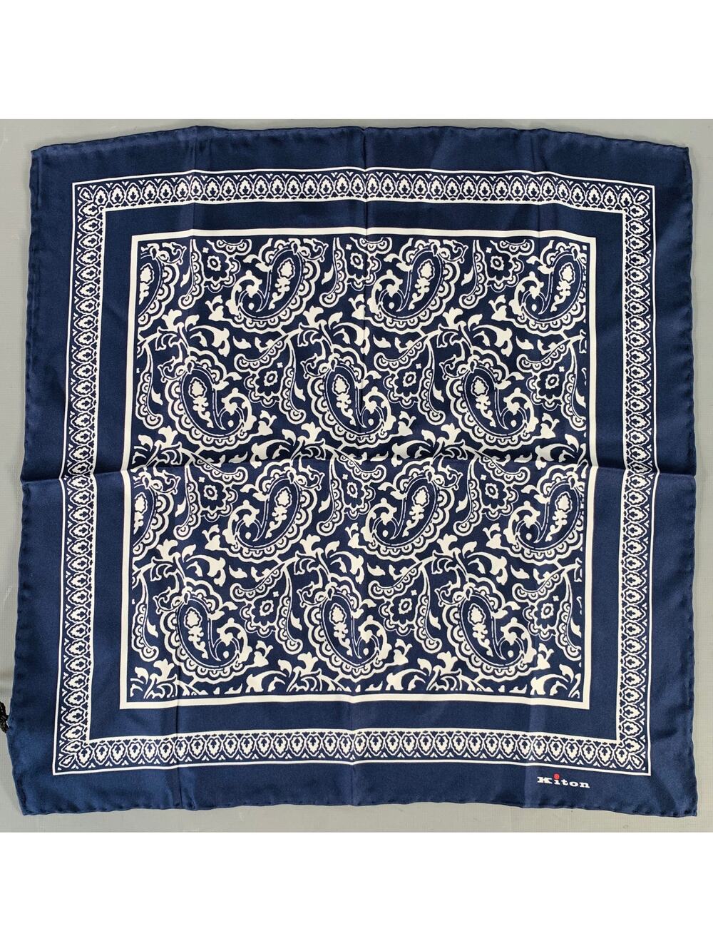 KITON Navy White Paisley Silk Pocket Square